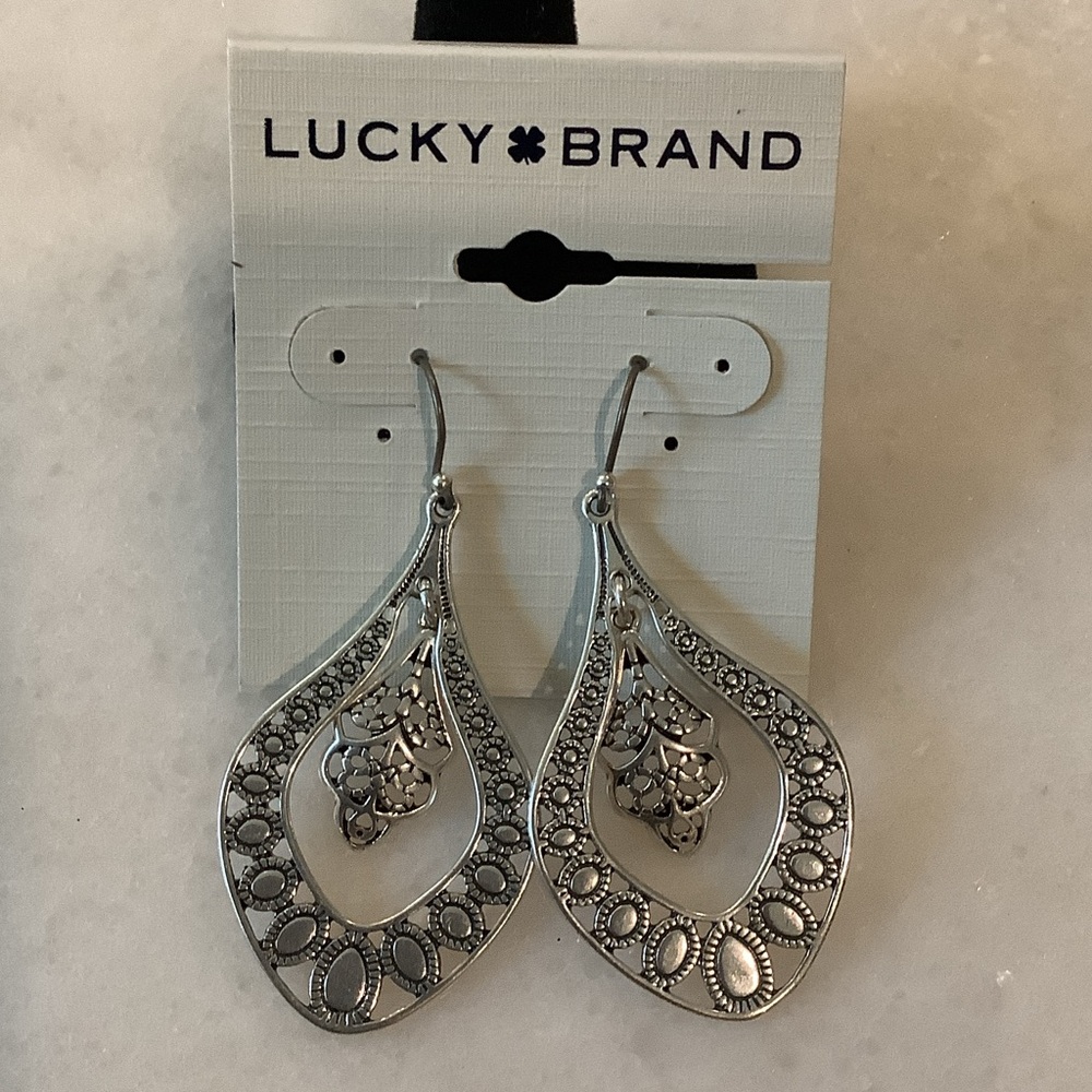 Lucky Brand Silver Filigree Teardrop Dangle Earrings, Brand New
